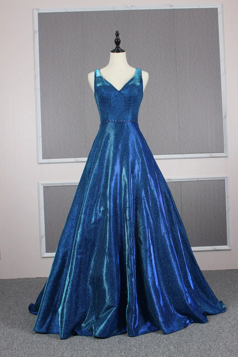

Blue Sparkly New Evening Gown Girl Quinceanera Graduation Show Dress Sleeveless V Neck Prom Party Gown فساتين مناسبة رسمية Robe