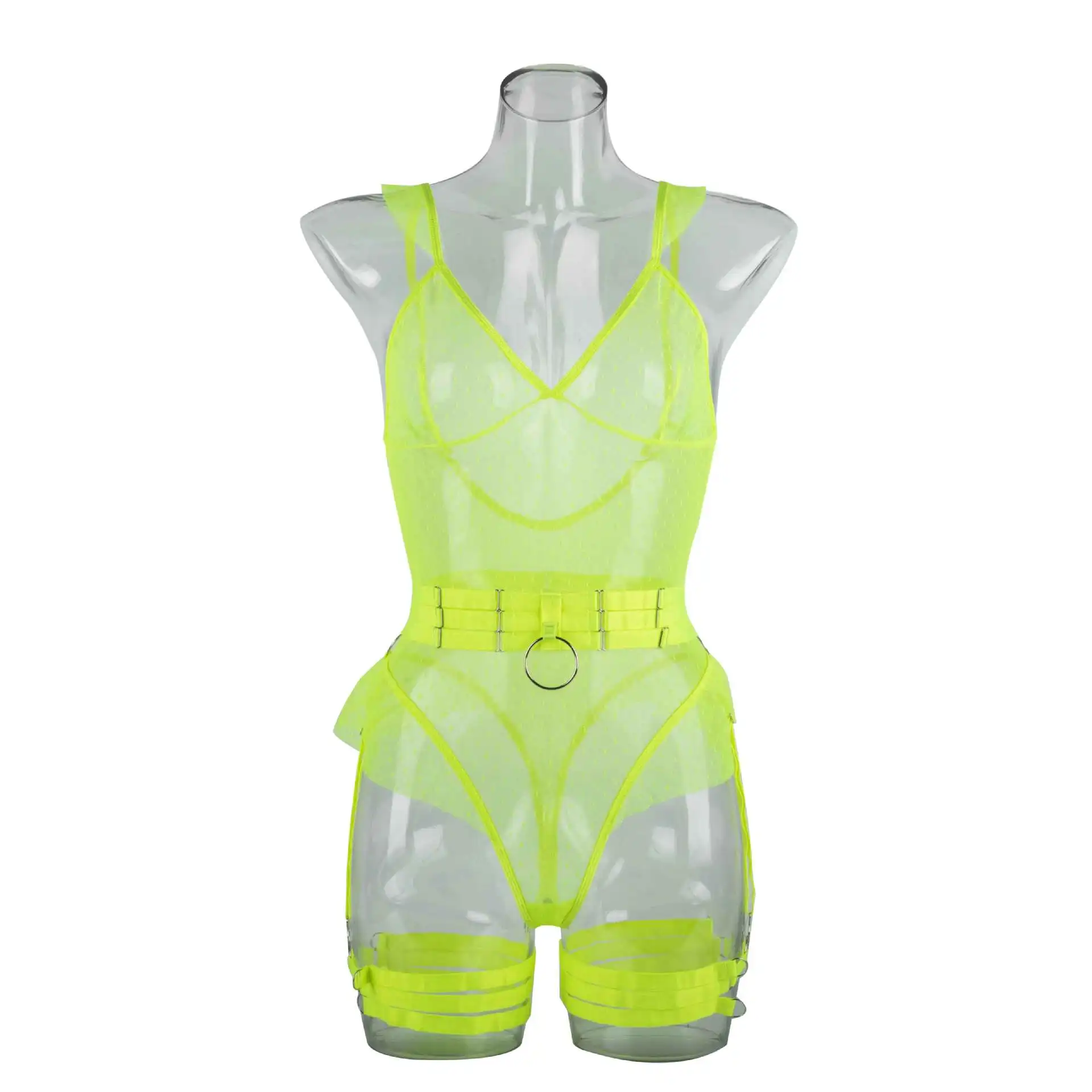 Dot Mesh Bodysuit styled with body-framing belt detail and statement lingerie look