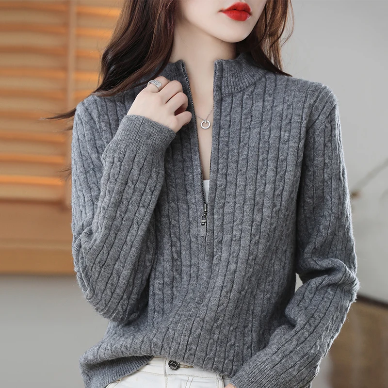 New Autumn And Winter Loose Wool Cardigan Female Zipper Twist Long Sleeve Knit Round Neck Sweater Solid Color Coat Jacket