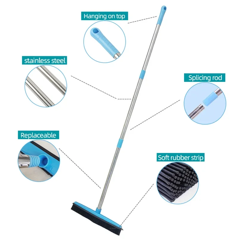 Rubber Broom Pet Hair Lint Removal Device Telescopic Bristles Magic Clean Sweeper Squeegee Scratch Bristle Long Push Broom Soft — view 2