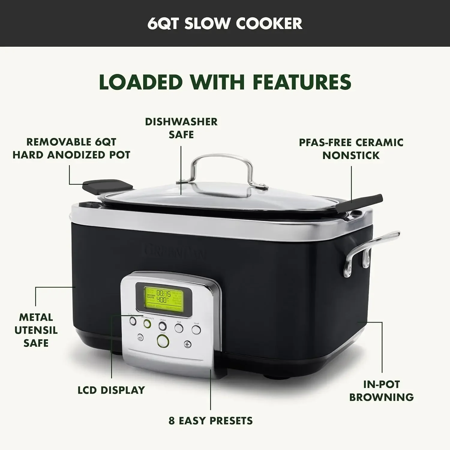 Elite 8 - in -1 Programmable 6QT Electric Slow Cooker, Dishwasher Safe Lid & Removable Crock, PFAS-Free Healthy Ceramic Nonstick 4