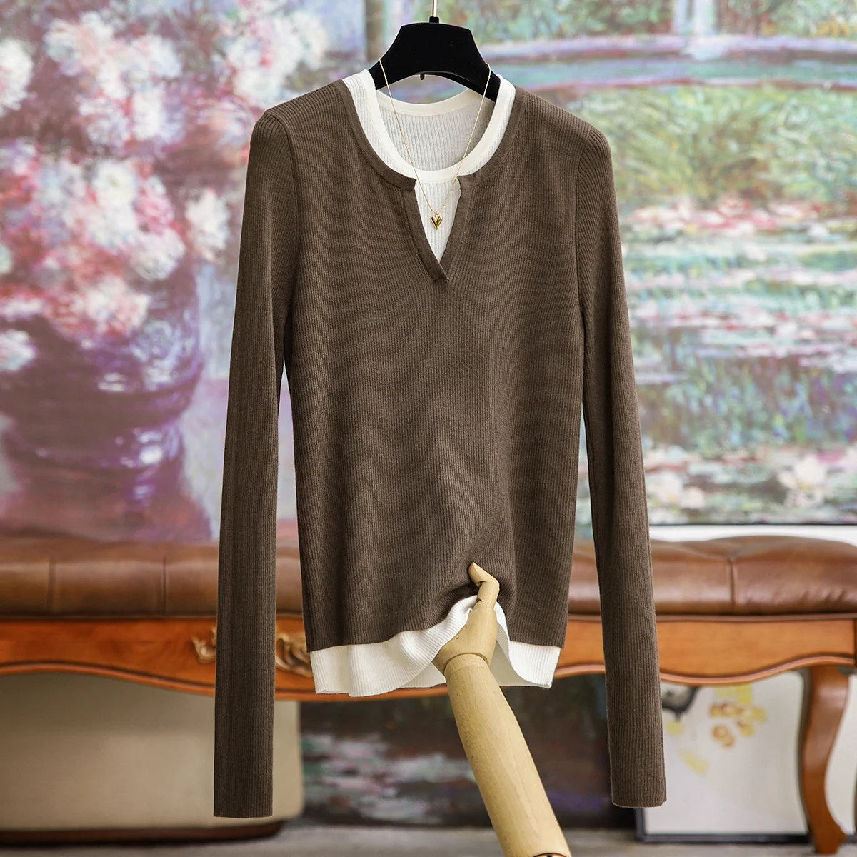 

Thin Section Wool Harajuku Style Versatile Knitwear Tops Women's 2023 Autumn New Fashion False Two Pieces V-neck Female T-shirt