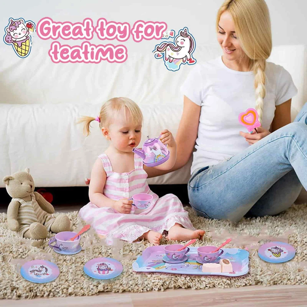 WizKidz Unicorn Tea Party Set for Little Girls Pretend Purple Tin Teapot Cups Plates Carrying Case Birthday Gift for Kids Age 3+ 4
