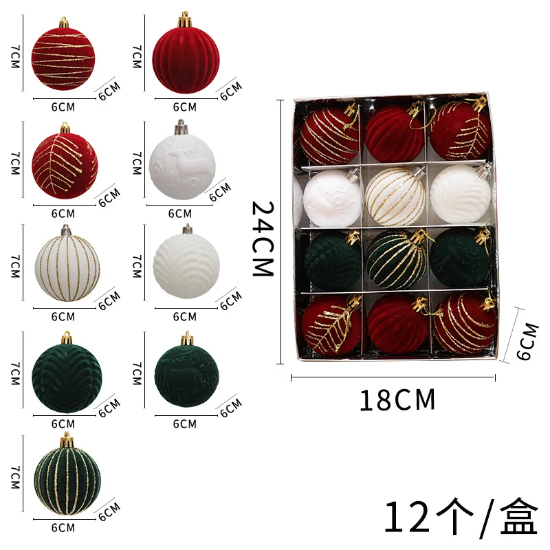 thumbnail image 1 of Juego de 12 bolas de terciopelo rojo pintadas para Navidad, decoración para árbol de Navidad, colgante de bola colgante de 6 cm, adornos navideños, bola de terciopelo, 1 of 5