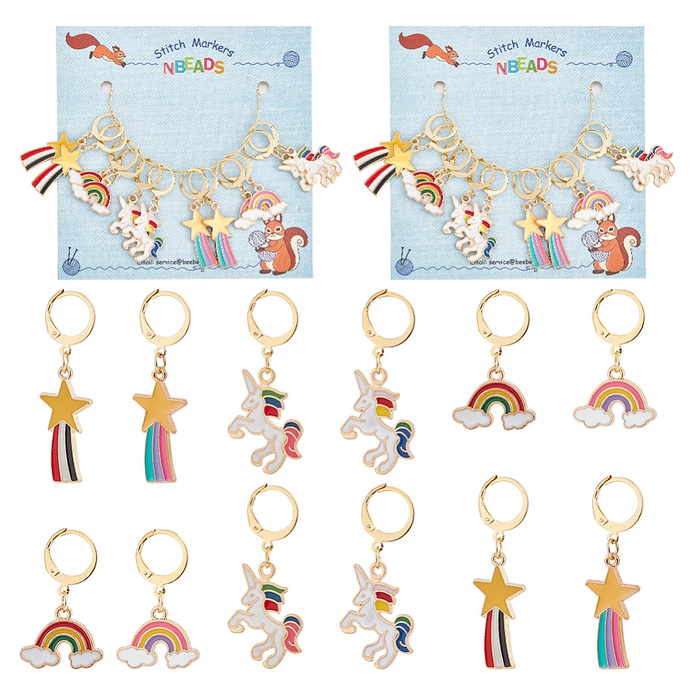 

24PCS Alloy Enamel Meteor&Rainbow&Unicorn Pendant Locking Stitch Markers 304 Stainless Steel Clasp Mixed Color 6 style 2pc/style