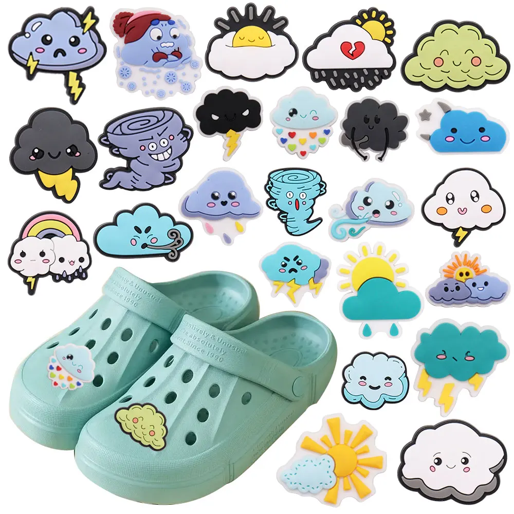 

Mix 50PCS PVC Croc Charms Clouds Expression Lightning Rain Sun Rainbow Hurricane Garden Shoes Button Decorations Kids Party Gift