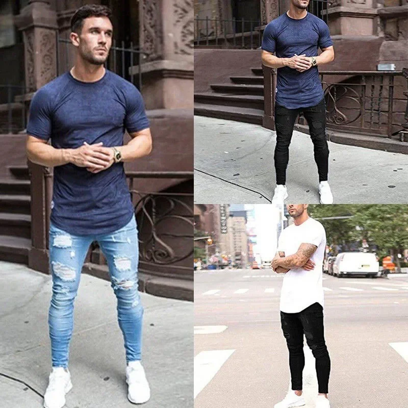 Fashionable Men's Jeans Tight Fit Ripped Small Footed Pants Cross Border men jeans ripped jeans