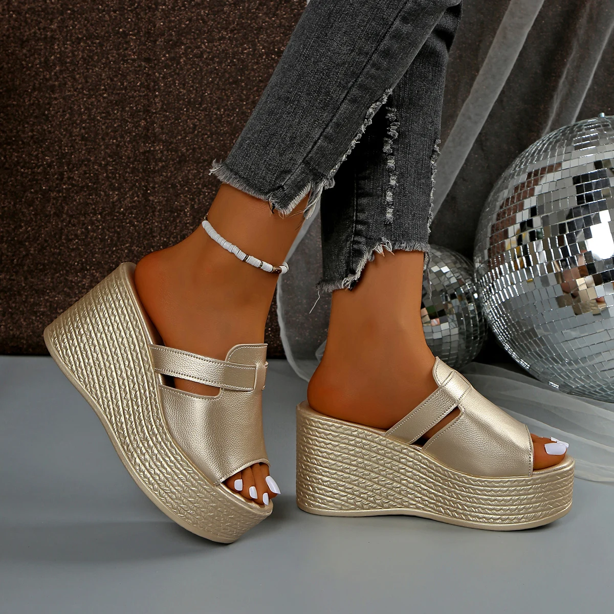 Gold Thick Bottom Wedge Sandals Women 2025 Summer Pu Leather Chunky Platform Slippers Woman Plus Size 43 Beach Slippers Slides