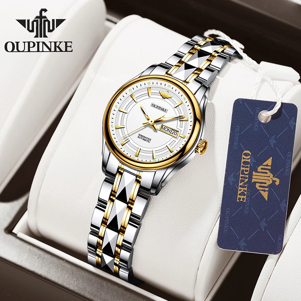 OUPINKE 3170 Deep Waterproof Automatic Watch For Women Dual Calendar Mechanical Hand Clock Stainless Steel Luxury Woman Watches 2