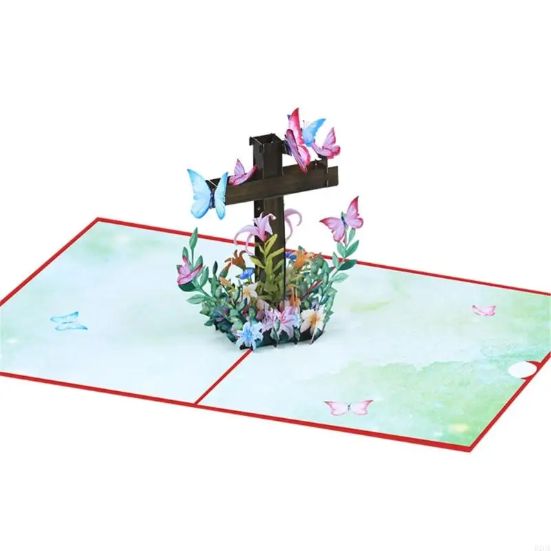 62CE 3D Popup Easters Card,Flower Religious Crosses Easters Card Popup Greeting Cards