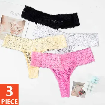 3PCS Lace Floral Women Panties Low Waist Breathable Briefs Female Thong Underwear M-2XL Solid Sexy G-String Transparent Panty