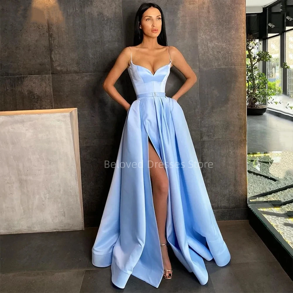 Simple A-Line Satin Blue Long Prom Dress, Blue Long Evening Dress – dresstby