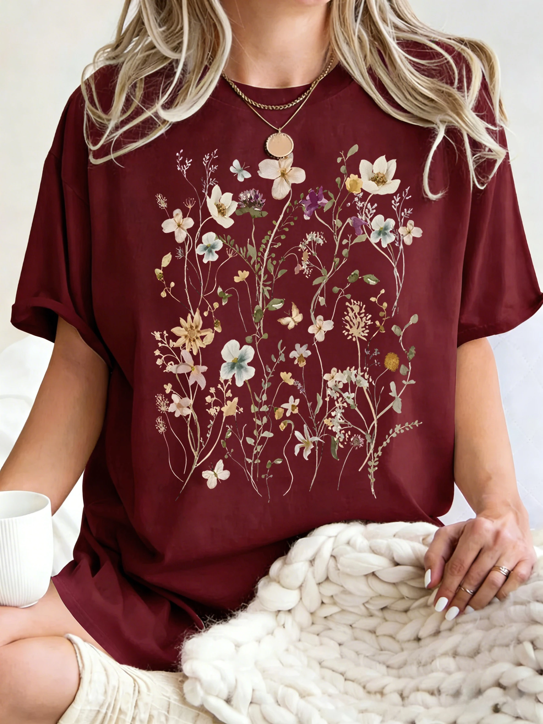 Beautiful Flower Clusters Printing Woman T-Shirt Summer Oversized Short Sleeve O-Neck Cotton T Shirts Y2K Women Sports Tops