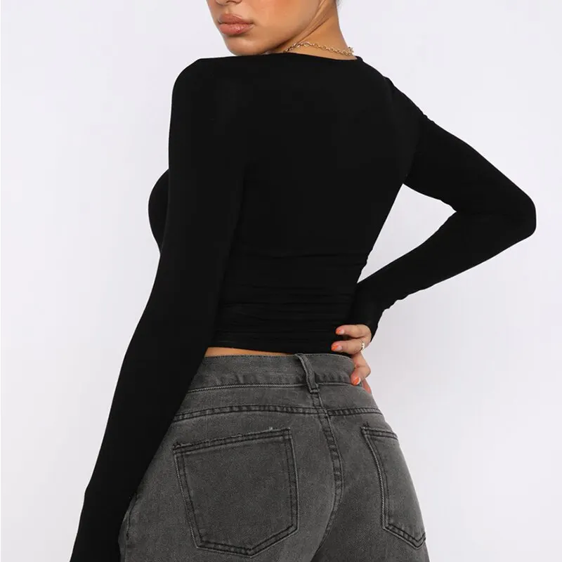 Tops recortados ajustados para mujer, camiseta de manga larga con cuello redondo, ombligo, Color sólido, otoño - Image 3