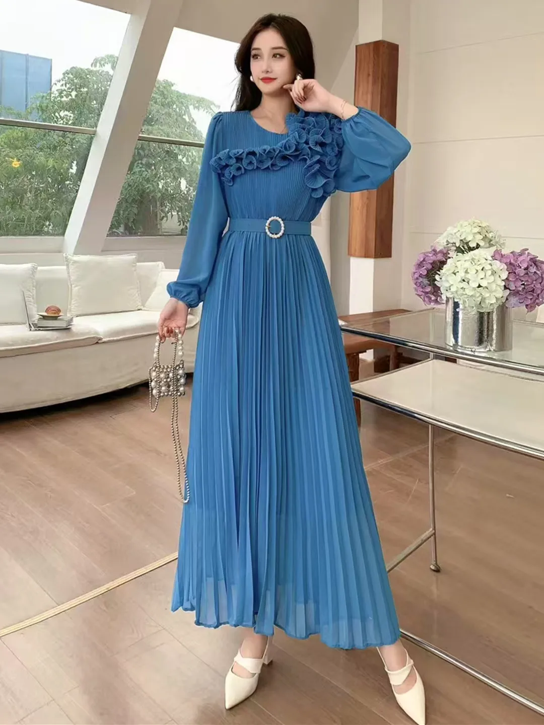 2025 New Spring Autumn Women Long Sleeve Belt Slim Long Dress High Quality  Sweet 3D Ruffles Solid Color Chiffon Pleated Dress - AliExpress 200000345