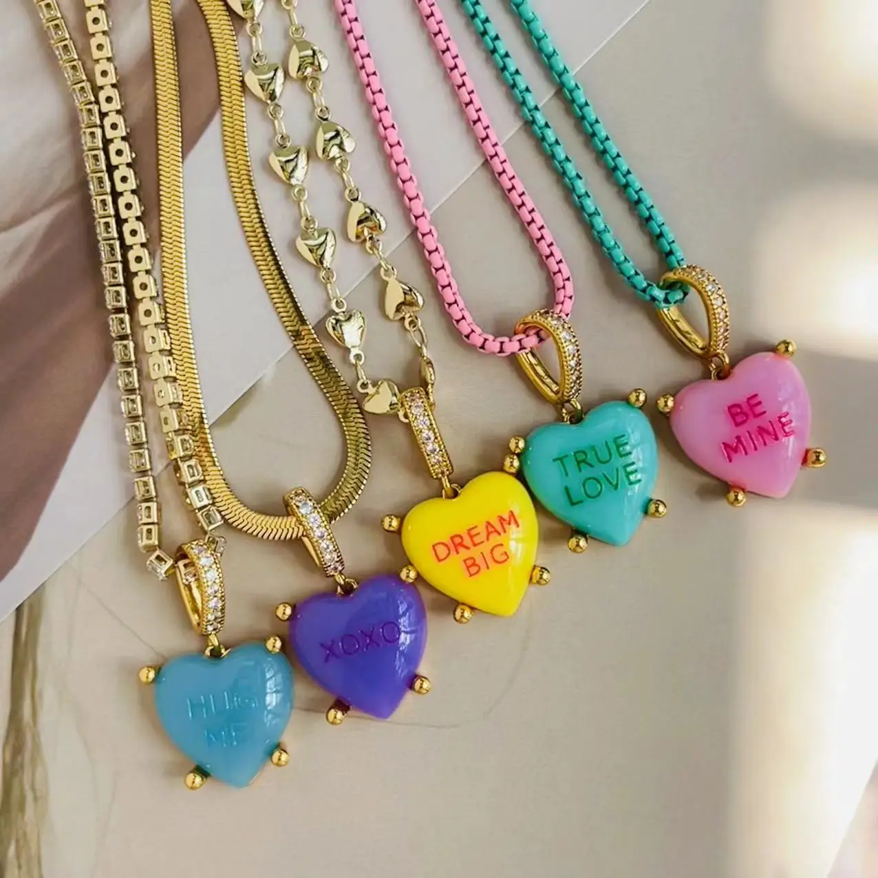 Colorful Resin Hearts Necklace | Heart Resin Pendant Resin
