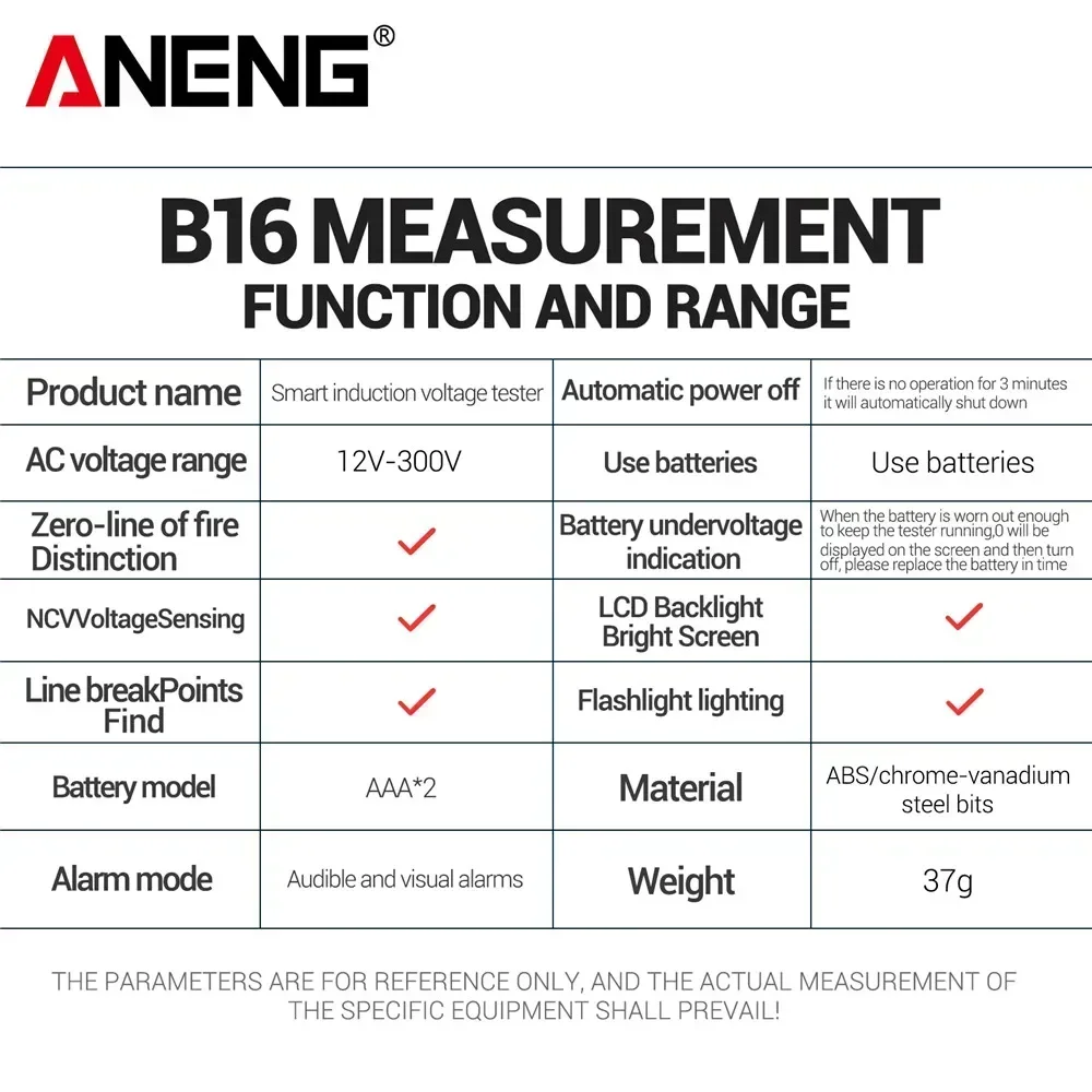ANENG B16 Lntelligent Sensing 디지털 측정 펜 비접촉식 12V-300V 전압 검출기 NCV 전압 프로빙 테스터 미터 도구