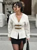 TRAFZA Retro Leather Buckle Woolen Coat Women Fashion Solid V Neck Long Sleeve Beige Jacket Autumn Spring Chic Female Streetwear 1