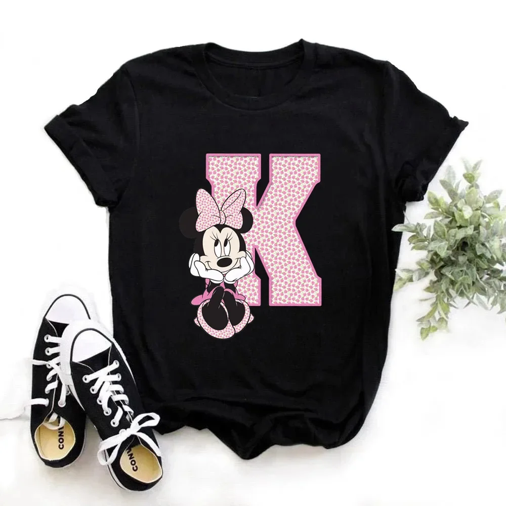 thumbnail image 1 of Camiseta de algodón para niños de Disney Minnie Mouse, divertida camiseta con estampado de 26 letras mayúsculas de la A a la Z, camisetas góticas para niñas, camisetas kawaii de verano, 1 of 5