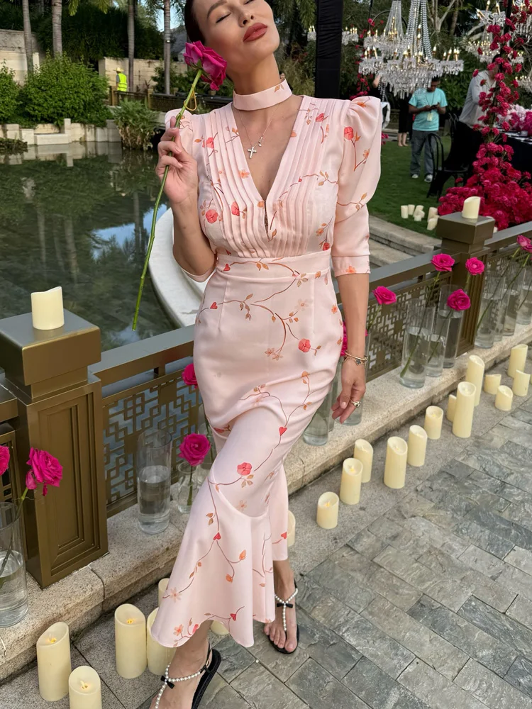 Tossy Elegant Printed V-Neck Long Dress Female High Waist Bandage Slim Contrast…