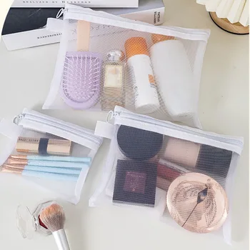 Moda piccolo grande nero organizer da toilette e borsa per il trucco borsa per cosmetici con cerniera in rete trasparente organizzatore necessario da donna