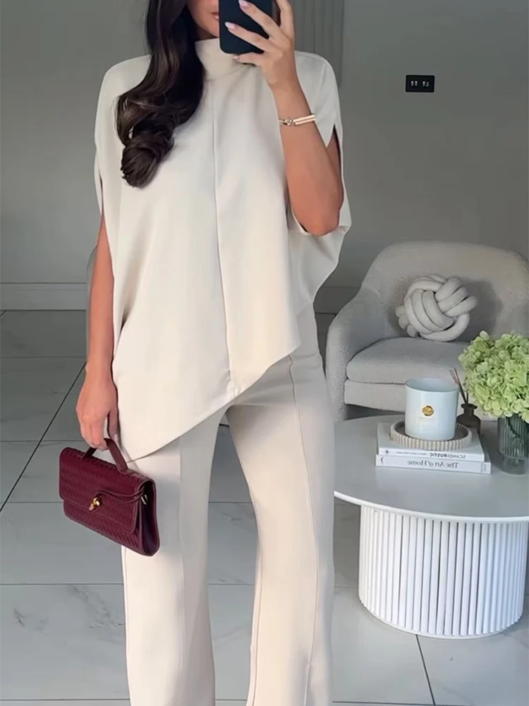 New Women Pants Set Fashion Solid Asymmetric Turtleneck Blouse Top Straight Long Trousers Ladies Short Sleeve Commuter Suits
