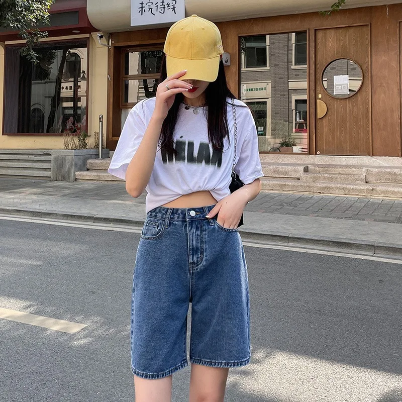 여성용 하이 웨이스트 청바지, 데님 반바지, 레트로 와이드 레그, 헐렁한 스트리트웨어, 워싱 데님 바지, 그런지 베이직 슬루시 블루 반바지, 2024