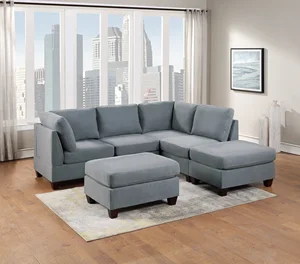 Modular Sectional 6pc Set Living Room Furniture L-Sectional Grey Linen Like Fabric 2x Corner Wedge 2x Armless Chairs and 2x Otto
