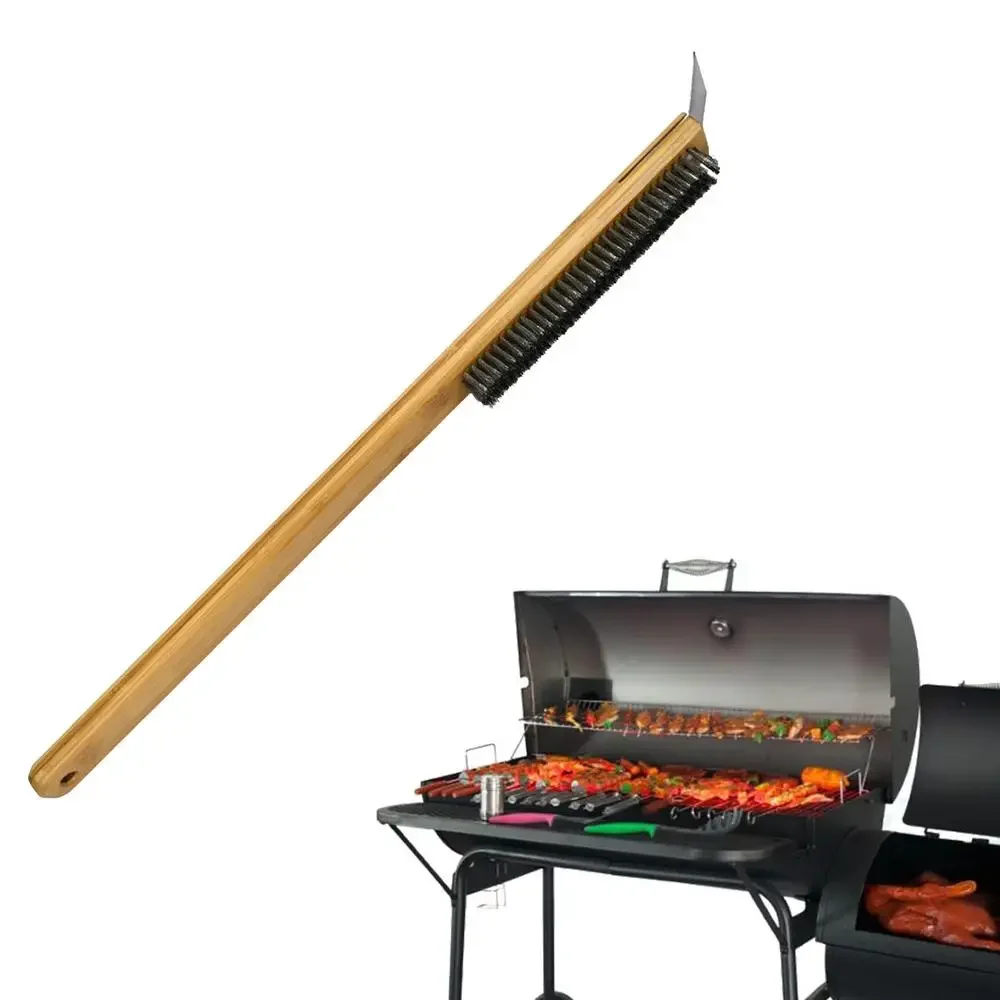 22inch Pizza Stone Cleaning Brush Copper Wire Pizza Brush with Wooden Handle and Stainless Steel Scraper Oven Accessories