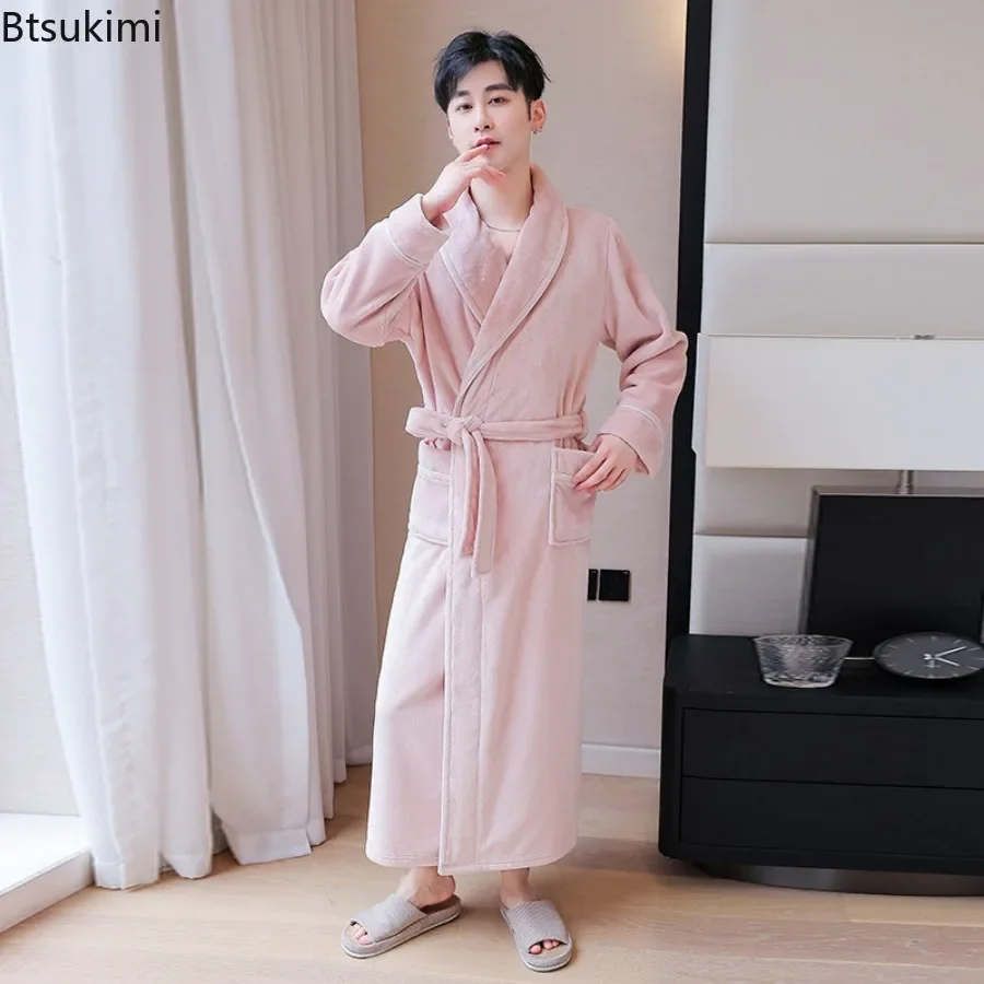 2024 Men's Autumn Winter Thicken Flannel Robes Dress V Neck Warm Bathrobe Men Couple Casual Comfortable Robe Dress for Sleepwear