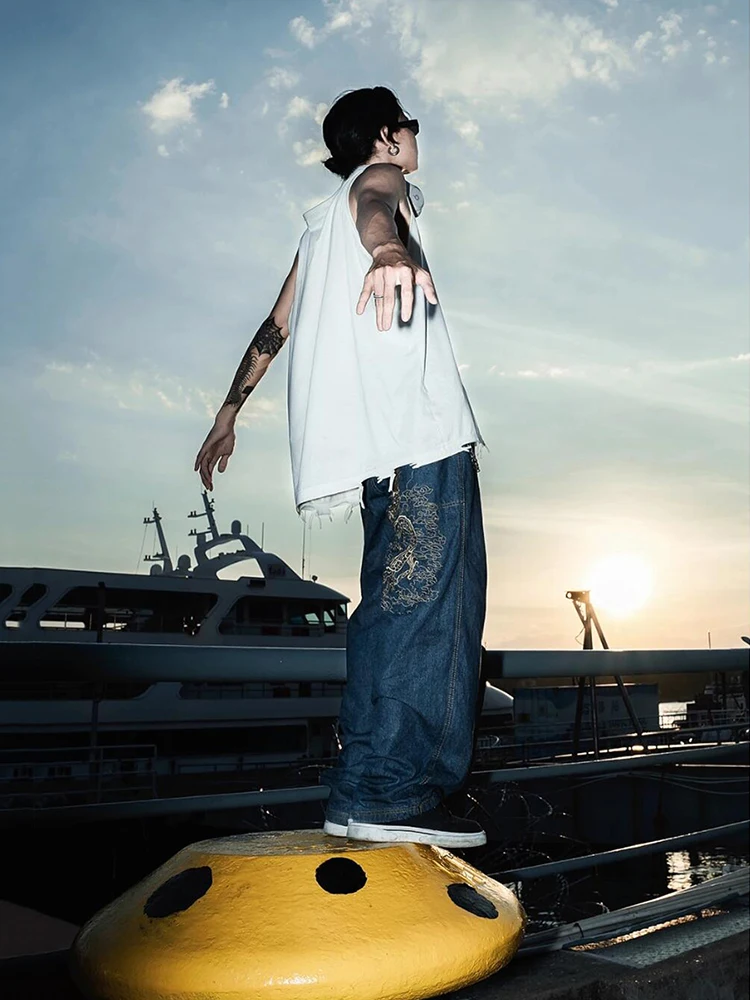REDDACHIC Men's Dragon Embroidery Baggy Jeans 90s Skater Hiphop High Waist Loose Casual Wide Leg Pants Y2k Vintage Streetwear 3