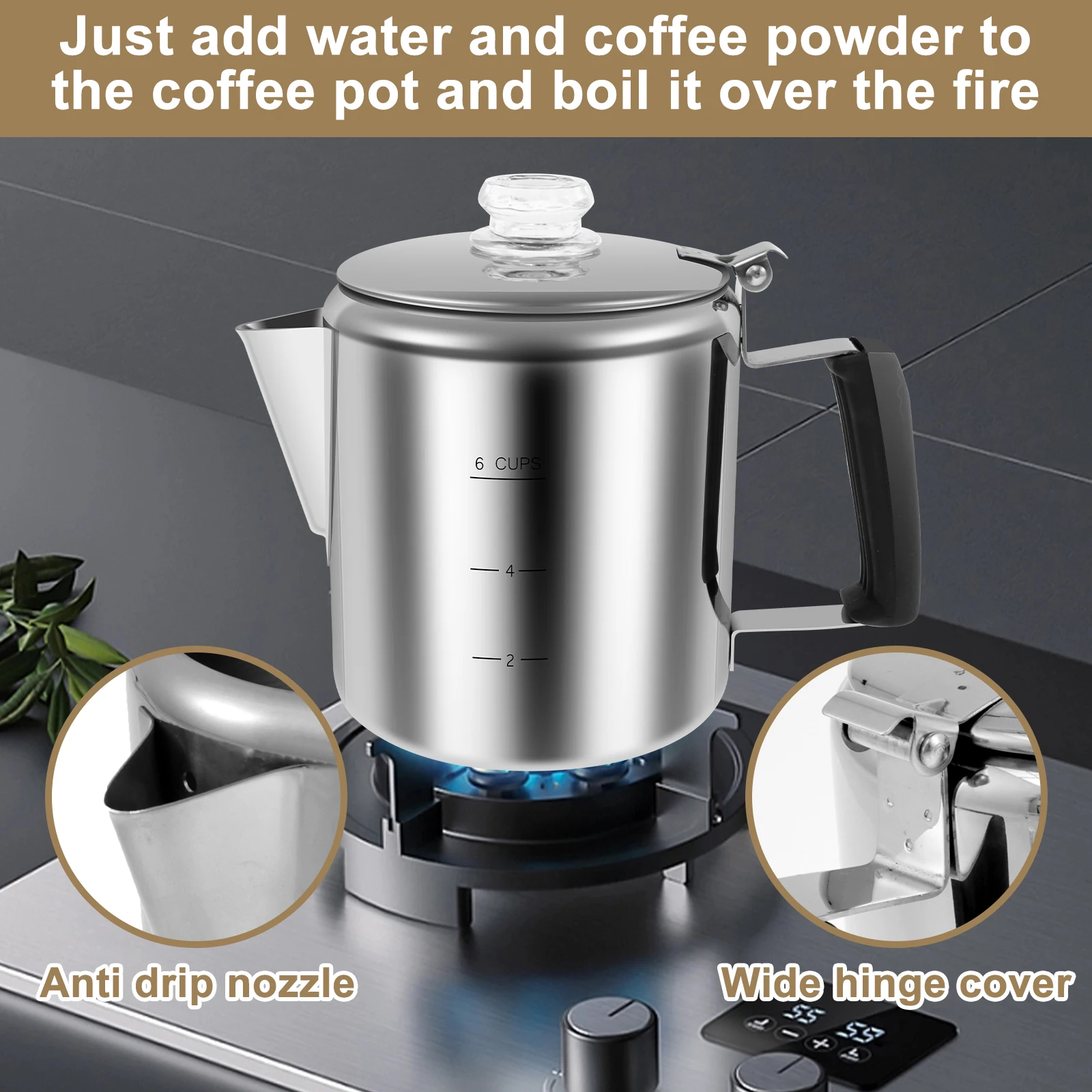 1Pc Percolator Coffee Pot Stainless Steel Coffee Pot 6/9 Cup Portable Espresso Pots with Handle French Press for Outdoor Camping