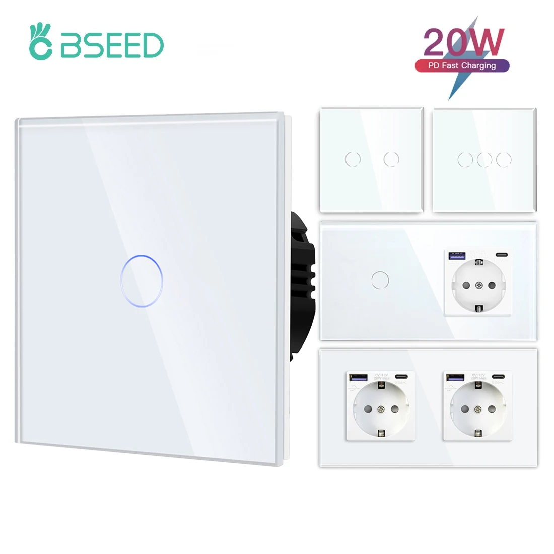 

BSEED 1/2/3Gang Touch Switch 1Way Sensor Light Switch Plus 20W Type-c USB Charging Ports Power EU Sockets Glass Panel White