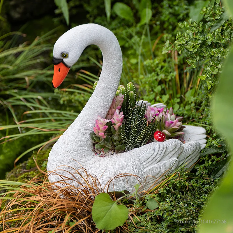 Creative Swan White Flower Pot, Animal Resin Crafts, Courtyard Balcony Garden Layout, Duck Decoration, Outdoor Decoration, 1Pc 3