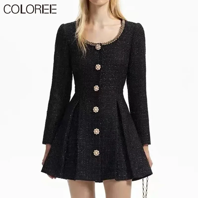 

Luxury Sequined Beading Black Woolen Dresses for Women 2024 Autumn Winter Elegant Long Sleeve Mini Dress Vestidos Para Mujer