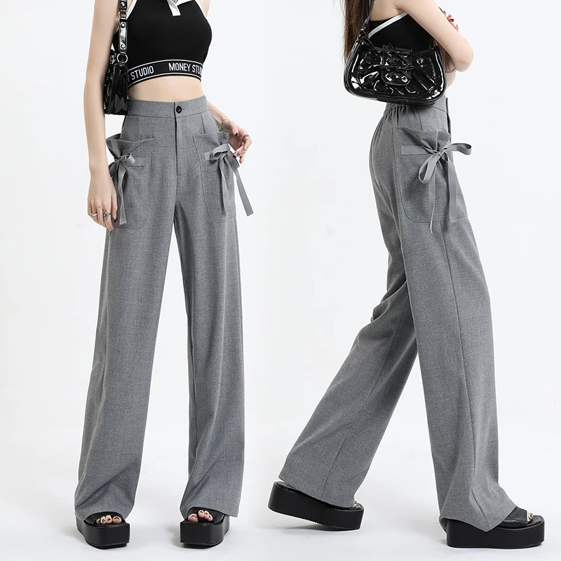 

Gray Wide-leg Women's Pants 2023 Summer Fashion High Waist Drape Design Straight Loose Y2k Butterfly Street Trousers