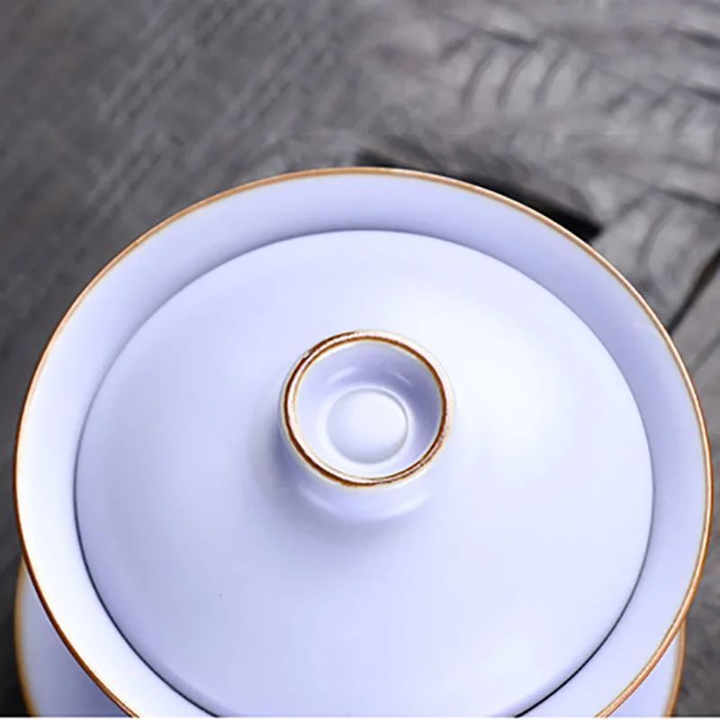 Traditional Ru Kiln Ceramic Tea Bowl, Tea Cups with Saucer, Travel Portable Gaiwan, Home Tea Ceremony Set, Drinkware, 150ml