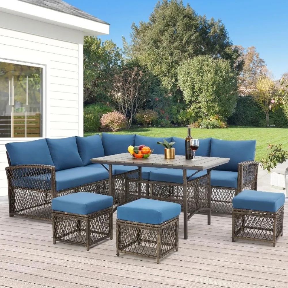 Patio Furniture Set 7 Pieces Wicker Outdoor Sectional Sofa High Table Chairs PE Rattan Conversation Dining Set