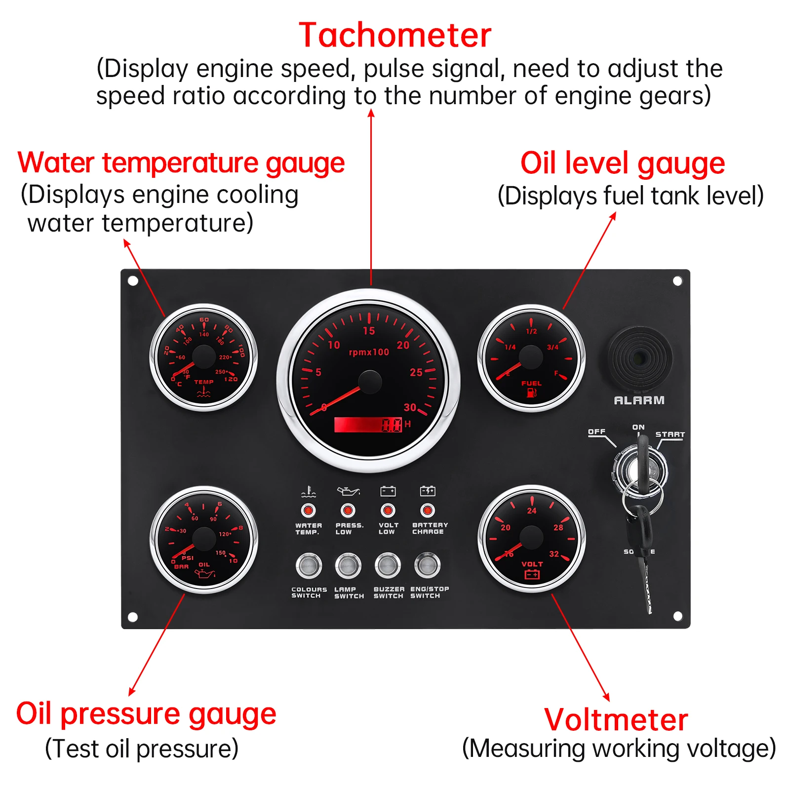 Marine Diesel Engine Dashboard with 85MM Tachometer Oil Pressure Water Temp Fuel Level 5 Gauges 7 Colors Backlight 12V /24V