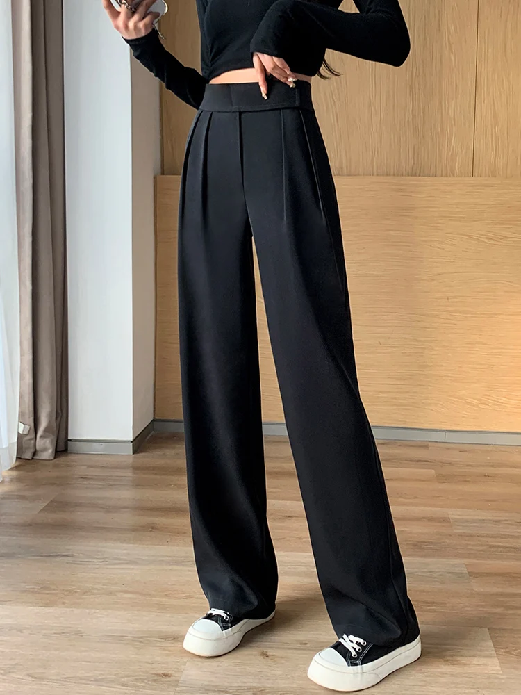 Pantalon de tailleur noir pour femme, jambe large, taille haute, mode  FjKorean, streetwear de bureau