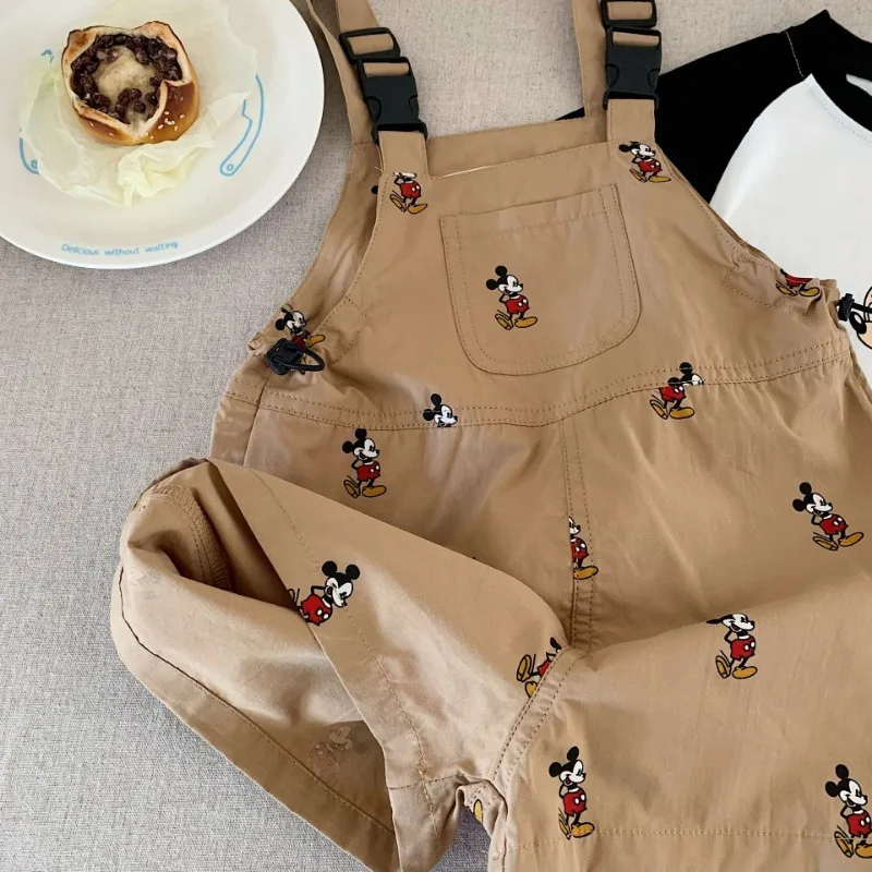 New Kids Suspenders Shorts+Tees Suit Child Jumpsuit Overalls Summer Fashion Baby Boys Girls Pants Cartoon Mickey Print Trousers