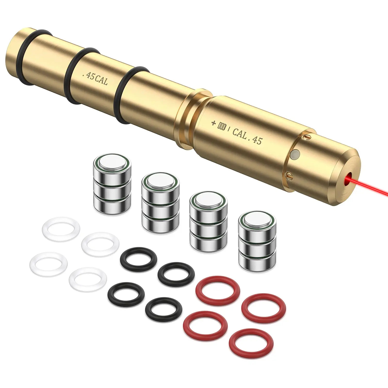 Red Laser Bore Sight For 45Cal End Barrel Brass Boresighter with 4 Sets of Batteries and Spare O-rings 3 sizes, each size of 4pc