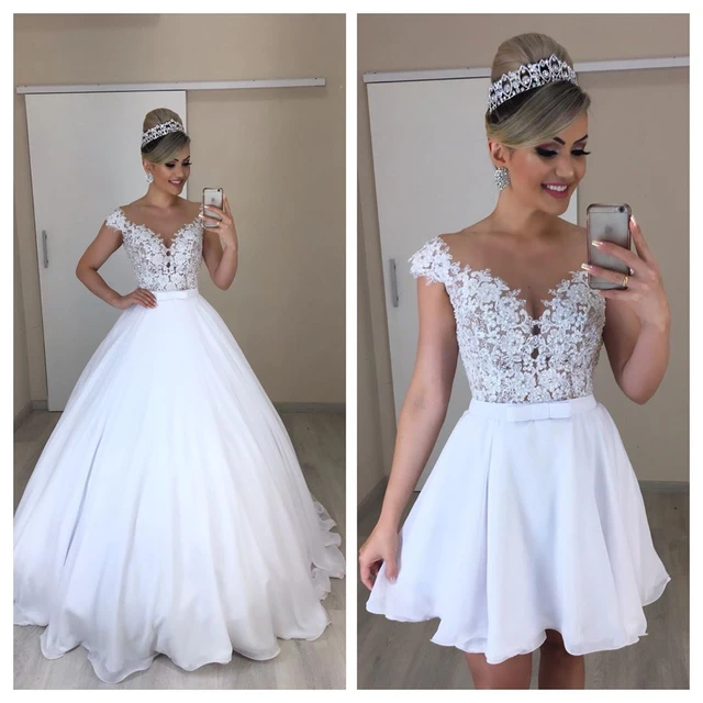V Neck Two Pieces Wedding Dresses Lace Appliques Chiffon 2 in 1 Bridal  Gowns Short Dress