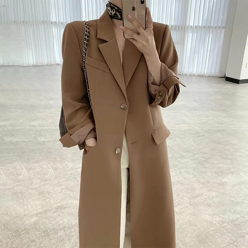 

SuperAen Korea Chic Autumn Classic Retro Lapel Two Button Double Pocket Long Solid Color Loose Long Sleeve Coat