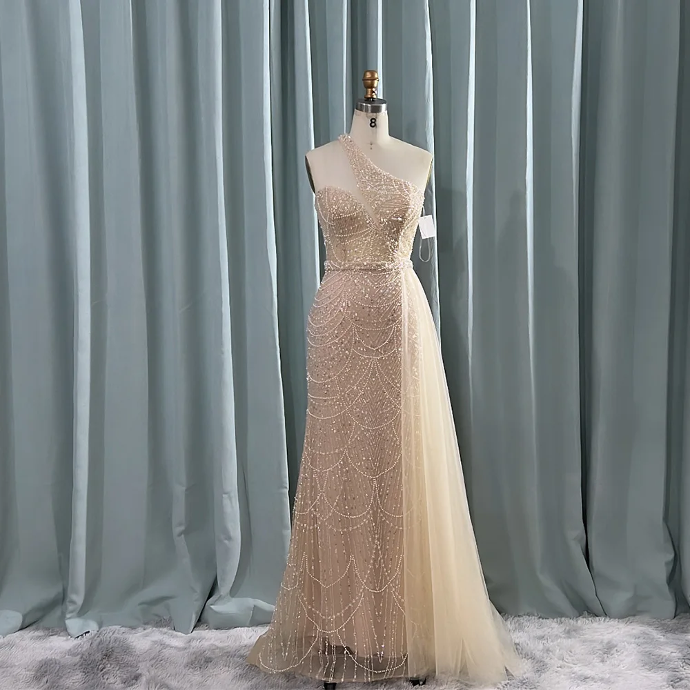 

YQLNNE One Shoulder Nude Evening Dress Long Mermaid Tulle Pearls Beaded Formal Prom Party Gown