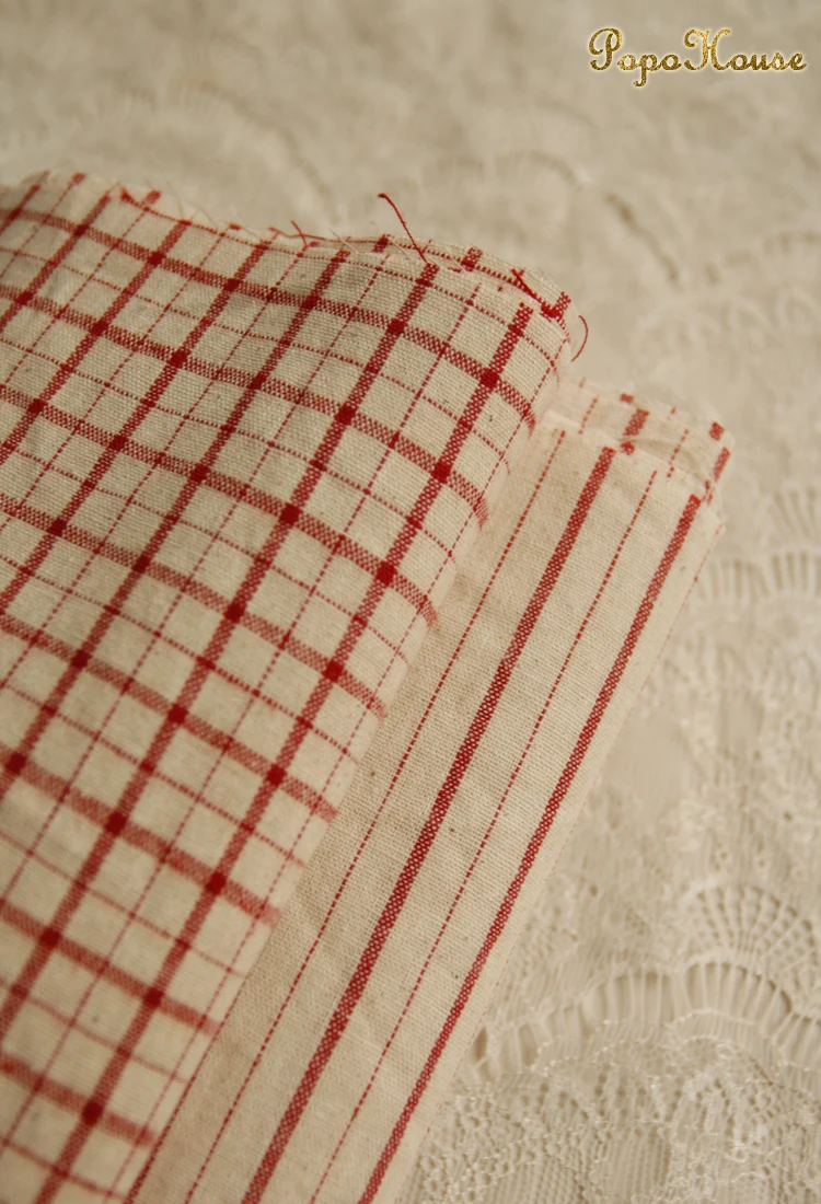Retro Vintage Red Blue Linen Grid Striped Woven Cotton Fabric for Sewing and Home Décor