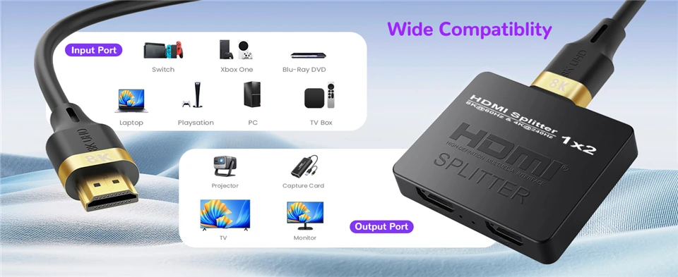 1 in 2 Out 8K HDMI Splitter 4K 240Hz Audio Splitter HDMI 2.1 Cable Adapter 1x2 F