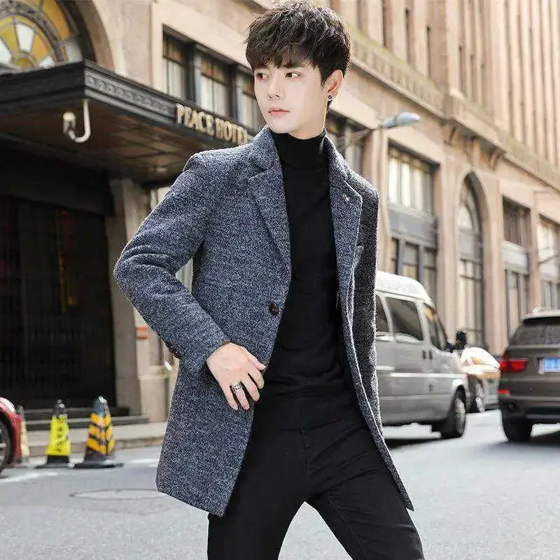 Autumn Winter Men's Woolen Jacket Korean Style Trendy Cropped Lapel Jacket Thickened Small Windbreaker For Cold Weather