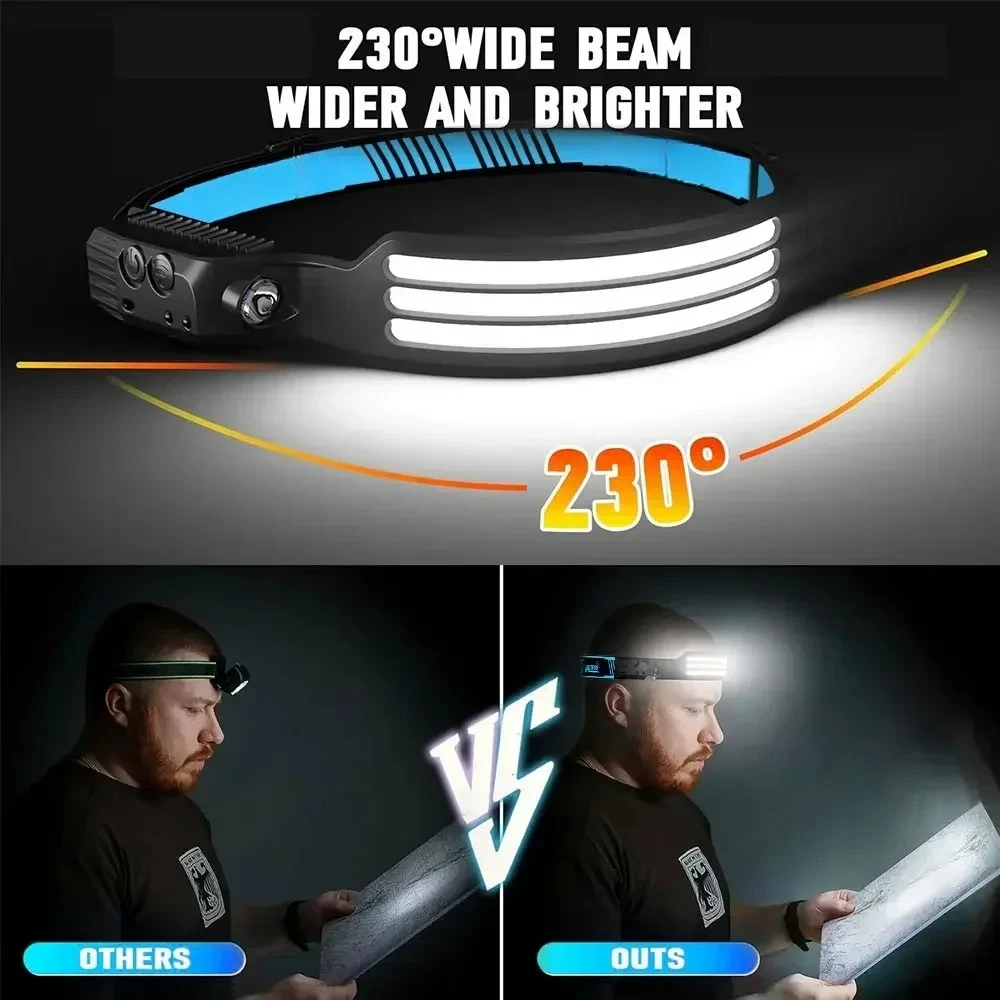 유도 전조등 COB+LED 헤드 손전등 내장 배터리 USB 충전식 야외 방수 캠핑 낚시 작업 랜턴 ?