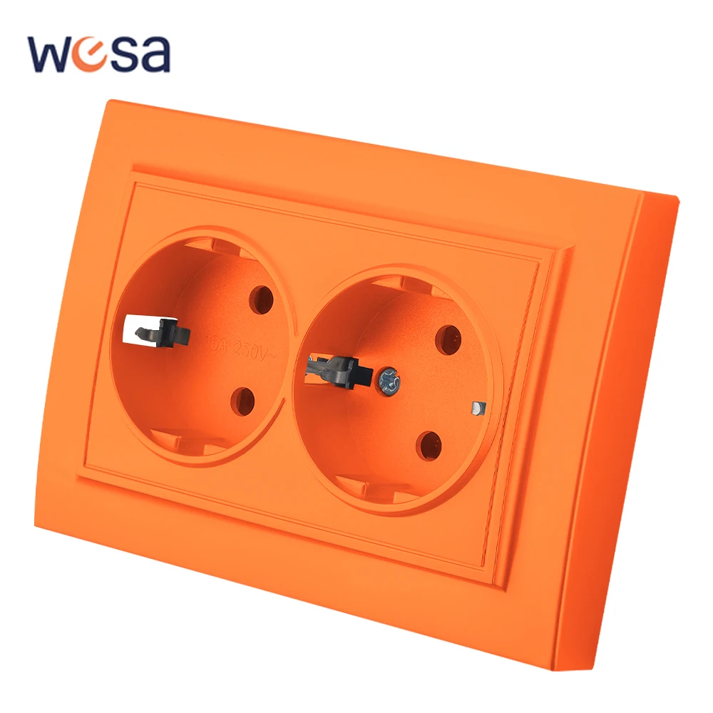 WESA สีส้มผนังฝังปลั๊กไฟ 2 ซ็อกเก็ต EU ไฟฟ้า Outlet พร้อม Ground สารหน่วงไฟสีสเปรย์ซ็อกเก็ตพลาสติก 1